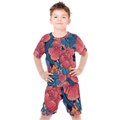 Flower Classic Japanese Art Kids  T-shirt And Shorts Set by Cowasu