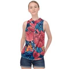 Flower Classic Japanese Art High Neck Satin Top by Cowasu