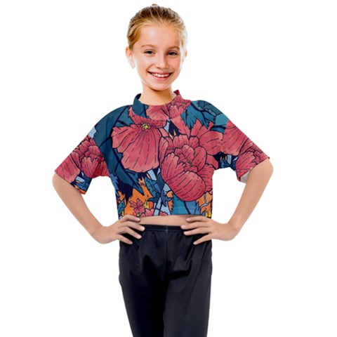 Flower Classic Japanese Art Kids Mock Neck T-shirt by Cowasu