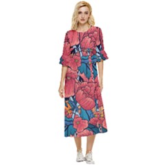 Flower Classic Japanese Art Double Cuff Midi Dress by Cowasu