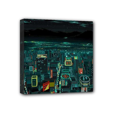 Night Black City Neon Sky Stars Moon Abstract Mini Canvas 4  X 4  (stretched) by Cowasu