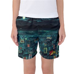 Night Black City Neon Sky Stars Moon Abstract Women s Basketball Shorts by Cowasu