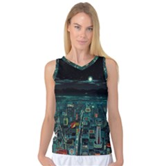 Night Black City Neon Sky Stars Moon Abstract Women s Basketball Tank Top by Cowasu