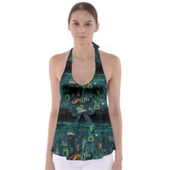 Night Black City Neon Sky Stars Moon Abstract Tie Back Tankini Top by Cowasu