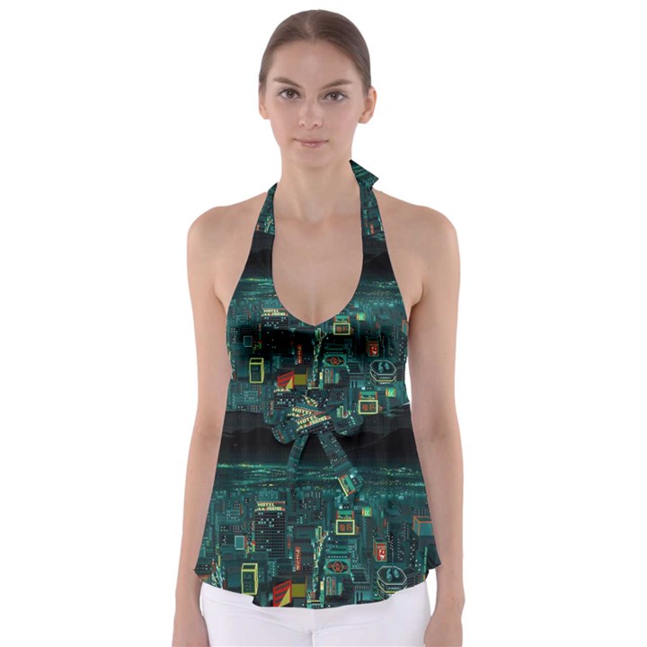 Night Black City Neon Sky Stars Moon Abstract Tie Back Tankini Top