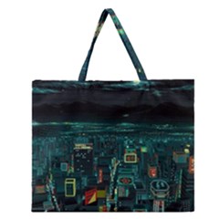 Night Black City Neon Sky Stars Moon Abstract Zipper Large Tote Bag by Cowasu