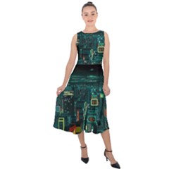 Night Black City Neon Sky Stars Moon Abstract Midi Tie-back Chiffon Dress