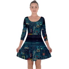 Night Black City Neon Sky Stars Moon Abstract Quarter Sleeve Skater Dress by Cowasu