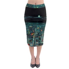 Night Black City Neon Sky Stars Moon Abstract Midi Pencil Skirt by Cowasu