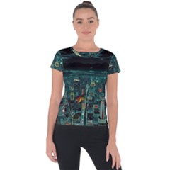 Night Black City Neon Sky Stars Moon Abstract Short Sleeve Sports Top  by Cowasu