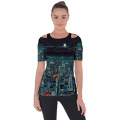 Night Black City Neon Sky Stars Moon Abstract Shoulder Cut Out Short Sleeve Top by Cowasu