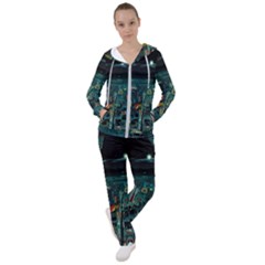 Night Black City Neon Sky Stars Moon Abstract Women s Tracksuit by Cowasu