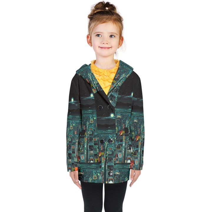 Night Black City Neon Sky Stars Moon Abstract Kids  Double Breasted Button Coat