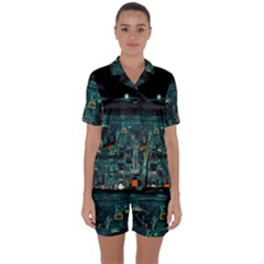 Night Black City Neon Sky Stars Moon Abstract Satin Short Sleeve Pajamas Set by Cowasu