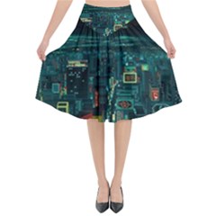 Night Black City Neon Sky Stars Moon Abstract Flared Midi Skirt by Cowasu