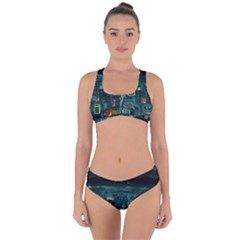 Night Black City Neon Sky Stars Moon Abstract Criss Cross Bikini Set by Cowasu