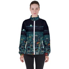 Night Black City Neon Sky Stars Moon Abstract Women s High Neck Windbreaker by Cowasu