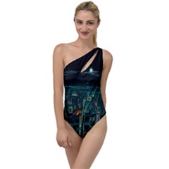 Night Black City Neon Sky Stars Moon Abstract To One Side Swimsuit by Cowasu