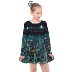 Night Black City Neon Sky Stars Moon Abstract Kids  Long Sleeve Dress by Cowasu