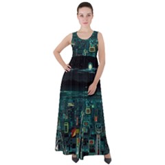 Night Black City Neon Sky Stars Moon Abstract Empire Waist Velour Maxi Dress by Cowasu