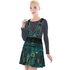 Night Black City Neon Sky Stars Moon Abstract Plunge Pinafore Velour Dress by Cowasu