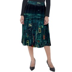 Night Black City Neon Sky Stars Moon Abstract Classic Velour Midi Skirt  by Cowasu