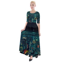 Night Black City Neon Sky Stars Moon Abstract Half Sleeves Maxi Dress by Cowasu