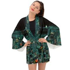 Night Black City Neon Sky Stars Moon Abstract Long Sleeve Kimono by Cowasu