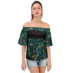 Night Black City Neon Sky Stars Moon Abstract Off Shoulder Short Sleeve Top by Cowasu