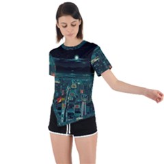 Night Black City Neon Sky Stars Moon Abstract Asymmetrical Short Sleeve Sports T-shirt by Cowasu