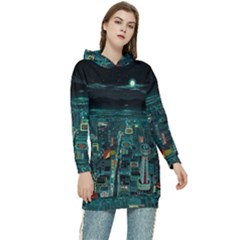 Night Black City Neon Sky Stars Moon Abstract Women s Long Oversized Pullover Hoodie by Cowasu