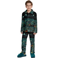 Night Black City Neon Sky Stars Moon Abstract Kids  Long Sleeve Velvet Pajamas Set by Cowasu