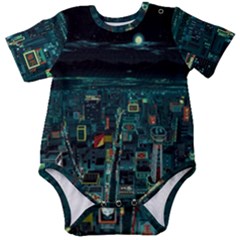 Night Black City Neon Sky Stars Moon Abstract Baby Short Sleeve Bodysuit by Cowasu