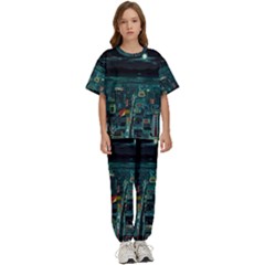 Night Black City Neon Sky Stars Moon Abstract Kids  T-shirt And Pants Sports Set by Cowasu