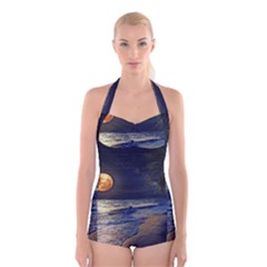 Beautiful Moon Nigh Sky Stars Boyleg Halter Swimsuit  by Cowasu