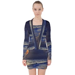 Beautiful Moon Nigh Sky Stars V-neck Bodycon Long Sleeve Dress by Cowasu