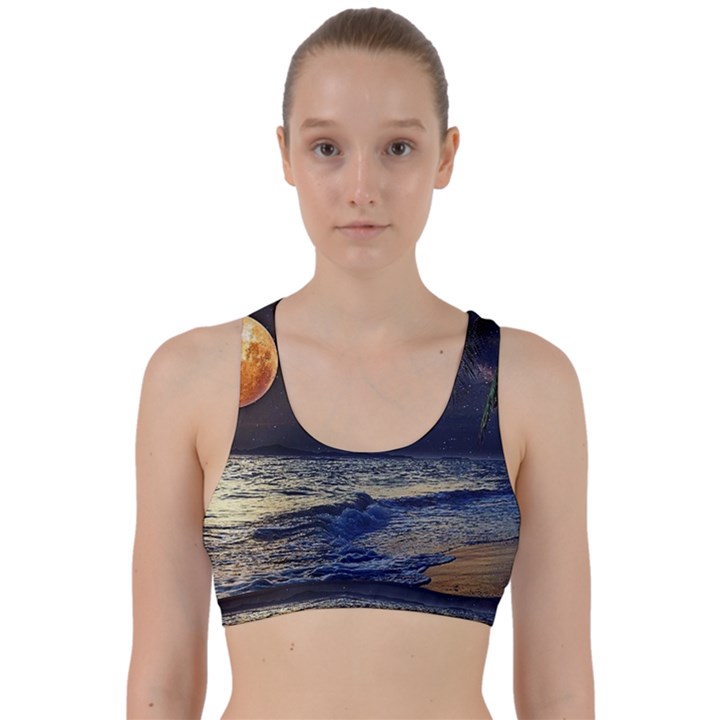 Beautiful Moon Nigh Sky Stars Back Weave Sports Bra