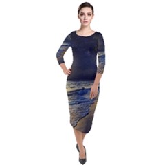 Beautiful Moon Nigh Sky Stars Quarter Sleeve Midi Velour Bodycon Dress by Cowasu