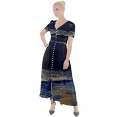 Beautiful Moon Nigh Sky Stars Button Up Short Sleeve Maxi Dress by Cowasu