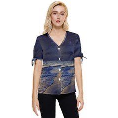 Beautiful Moon Nigh Sky Stars Bow Sleeve Button Up Top by Cowasu