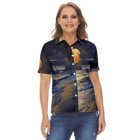 Beautiful Moon Nigh Sky Stars Women s Short Sleeve Double Pocket Shirt by Cowasu