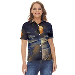 Beautiful Moon Nigh Sky Stars Women s Short Sleeve Double Pocket Shirt