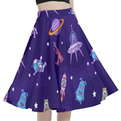 Space Seamless Pattern A-line Full Circle Midi Skirt With Pocket