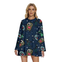 Monster Alien Pattern Seamless Background Round Neck Long Sleeve Bohemian Style Chiffon Mini Dress by pakminggu