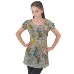 Vintage World Map Puff Sleeve Tunic Top by pakminggu