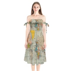 Vintage World Map Shoulder Tie Bardot Midi Dress by pakminggu