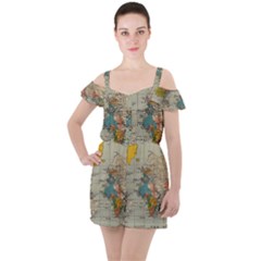 Vintage World Map Ruffle Cut Out Chiffon Playsuit by pakminggu