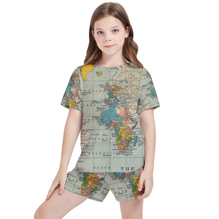 Vintage World Map Kids  T-Shirt And Sports Shorts Set