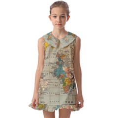 Vintage World Map Kids  Pilgrim Collar Ruffle Hem Dress by pakminggu