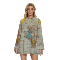 Vintage World Map Round Neck Long Sleeve Bohemian Style Chiffon Mini Dress by pakminggu